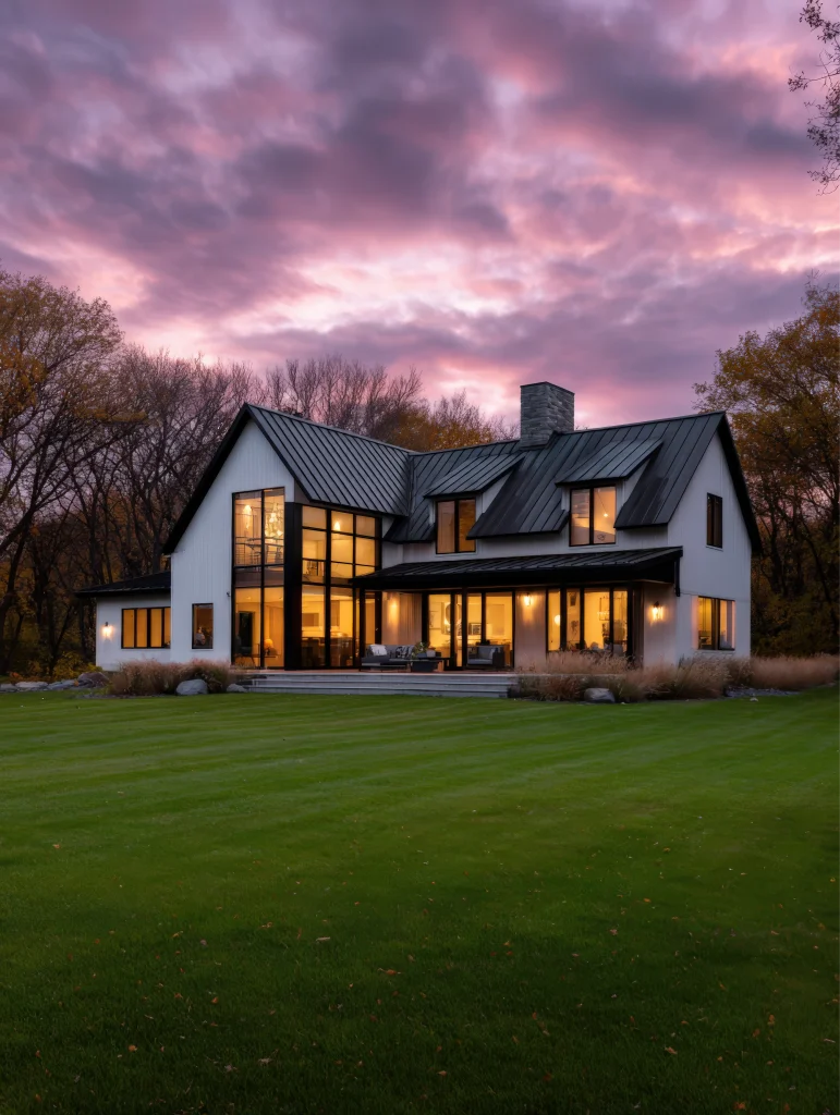 beautiful modern house with large windows under a vibrant sunset sky photo 1